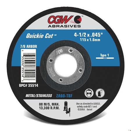 Cgw Abrasives Abrasive Cut-Off Wheel, Type 1, 6 in Dia, 0.045 in Thick, Zirconia Alumina, 36 Grit 35517